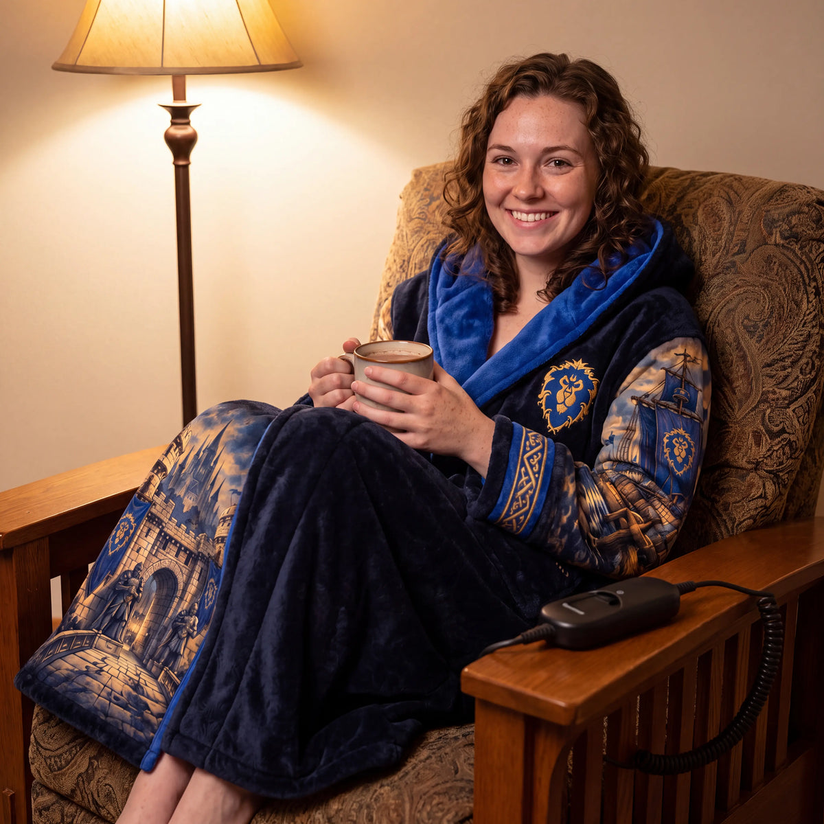 Alliance Edition robe worn in an armchair with the heat controller