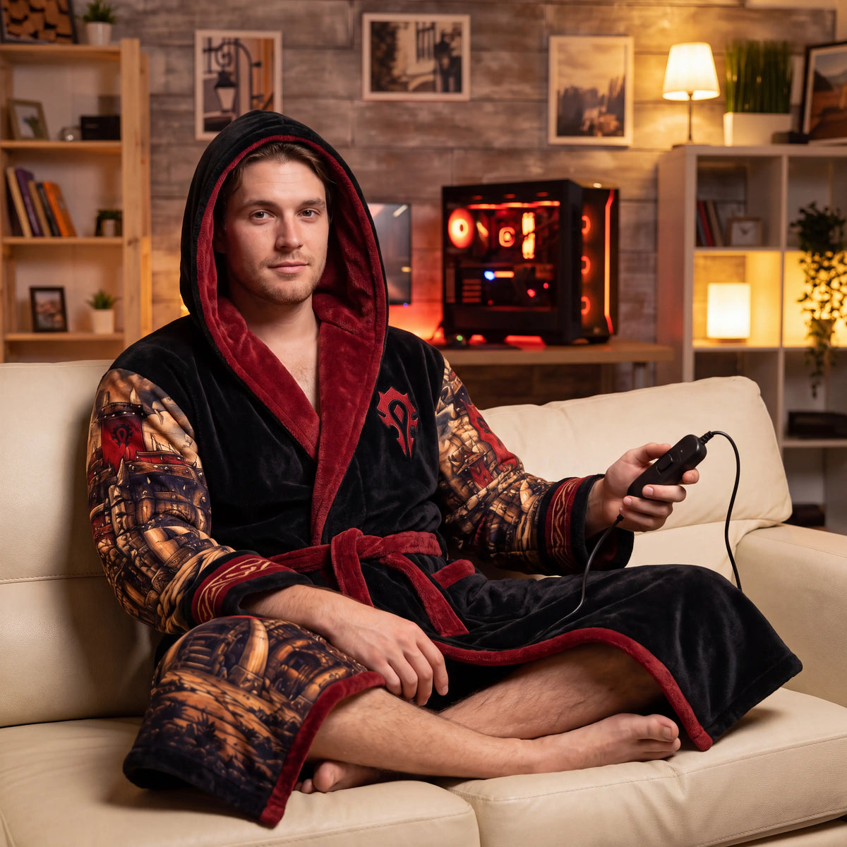 Horde Edition robe worn on the couch with the heat controller